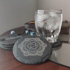 D20 Magic Circle Slate Coasters - Set of 4 - Laser Engraved - Dungeons and Dragons