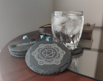 D20 Magic Circle Slate Coasters - Set of 4 - Laser Engraved - Dungeons and Dragons