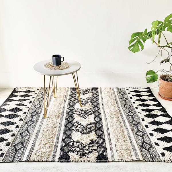Bohemian Moroccon Inspired Hand Woven Cotton Rug, Black And Beige  Boho Chic Rug, Area Rug, Home Decor Beautiful Rug