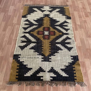 Handmade Wool Jute Rug, Navajo Kilim Rug, Aztec Rug, Accent Rug, Outdoor Rug/Indoor Rug, Living/Dinning Room 3X5 ft