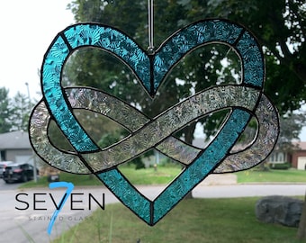 Stained Glass Infinity Heart in Turquoise and Iridescent Clear Florentine