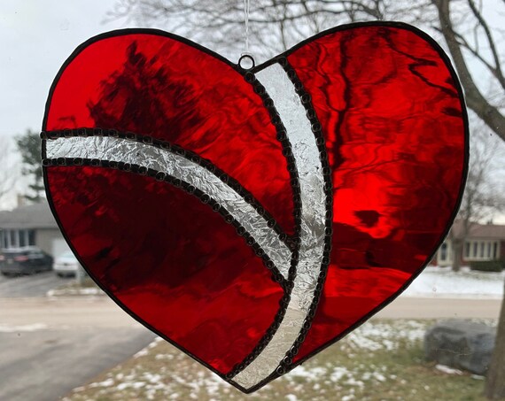 Stained Glass Heart in Brilliant Red and Textured Clear with Beaded Accent