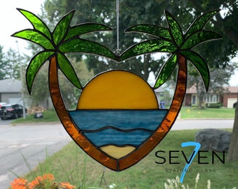 Stained Glass Tropical Beach Heart with Palm Trees and Sunshine