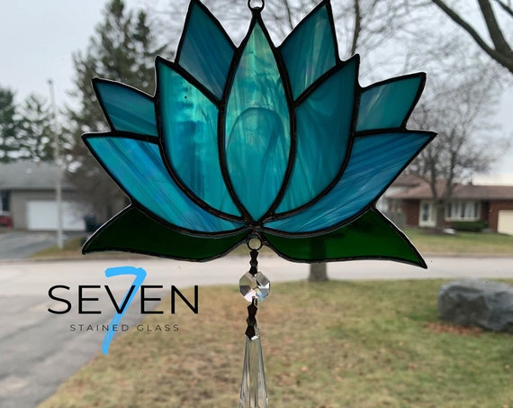 Stained Glass Lotus Blossom in Steaky Blue and White, Iridescent One Side, Crystal Dangle