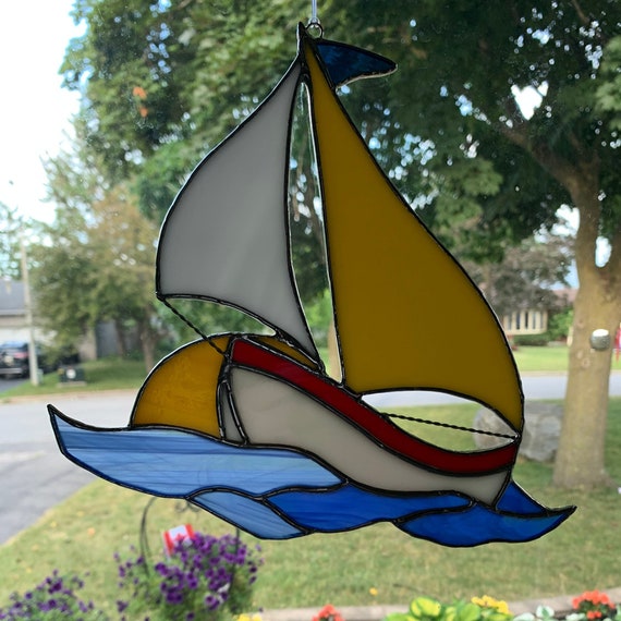 Sailboat Stained Glass Suncatcher with Wirework and Silver Solder