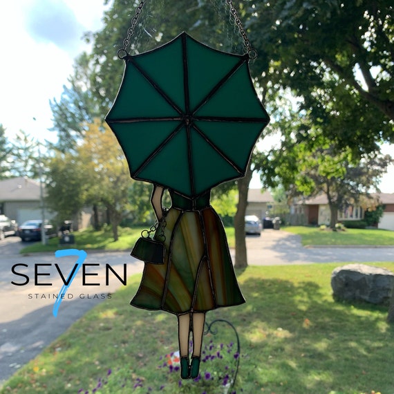 Stained Glass Girl with Umbrella in Turquoise Blue with Orange