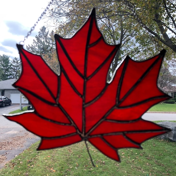 Maple Leaf Suncatcher in Streaky Red and Orange Stained Glass, 9" x 8.5"