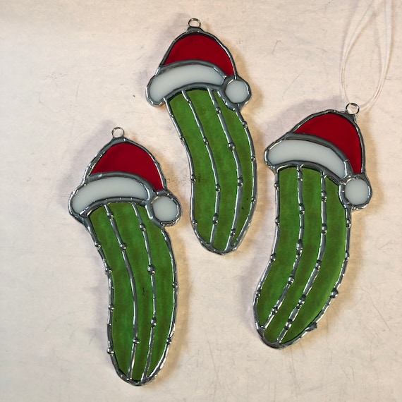 Stained Glass Christmas Pickle Ornament, Set of 3