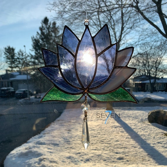 Purple Lotus Blossom Stained Glass Suncatcher, with Chandelier Dangle (15.3 cm x 19 cm)