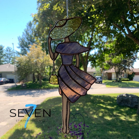 Lady Stained Glass Suncatcher, Barefoot on the Beach in Purple Dress