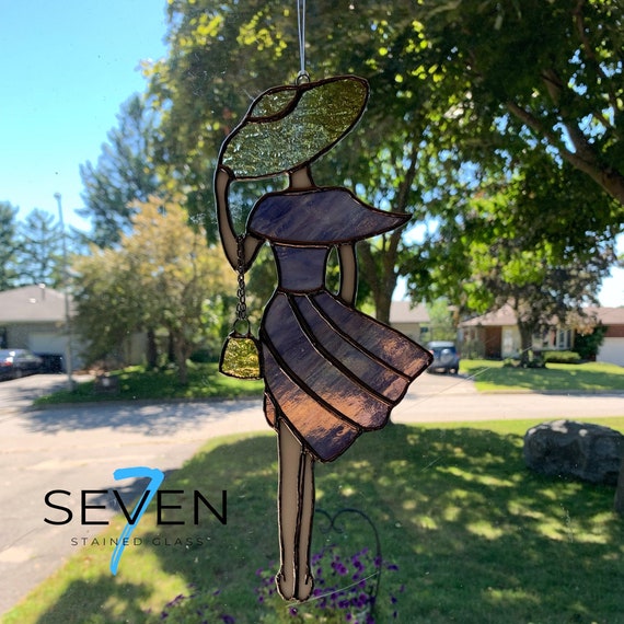 Stained Glass Lady Barefoot on the Beach in Purple Dress Suncatcher