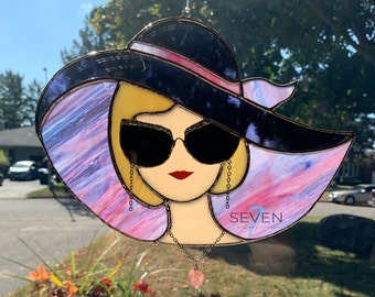 Stained Glass Lady in Purple Hat with 3D Sunglasses and Jewelry with Stone Heart Dangle