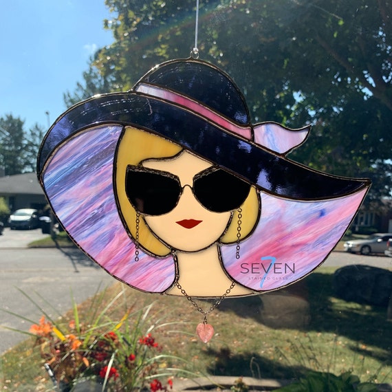 Lady in Purple Hat Stained Glass Suncatcher with 3D Sunglasses and Jewelry with Stone Heart Dangle
