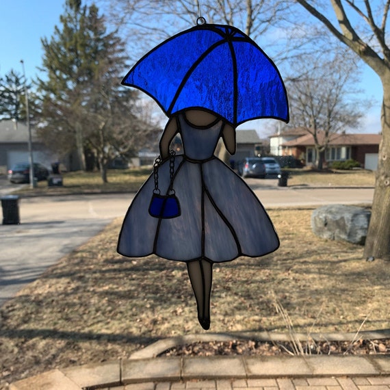 Umbrella Girl Stained Glass Suncatcher in Blues with 3D Purse Dangle (14cm x 24cm)