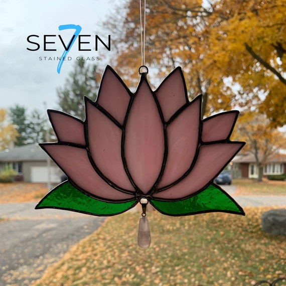 Stained Glass Lotus Blossom in Streaky Pink with Pink Stone Dangle