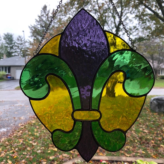 Stained Glass Fleur-de-Lis in Brilliant Gold, Green and Textured Purple with Silver Chain Hanger,  10" x 9"