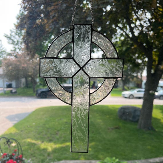 Christian Cross Suncatcher in Textured and Iridescent Clear Stained Glass