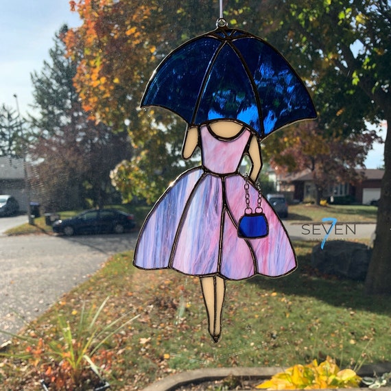 Stained Glass Girl with Umbrella in Textured Purple and Bright Blue with Dangling Purse