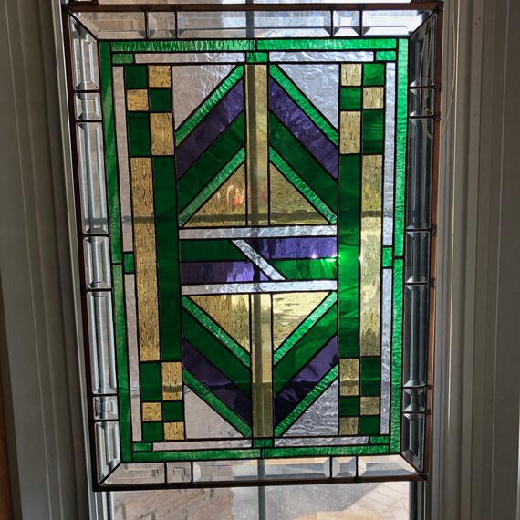 Stained Glass Geometric Panel in Green, Gold, and Purple with Copper Patina and Frame