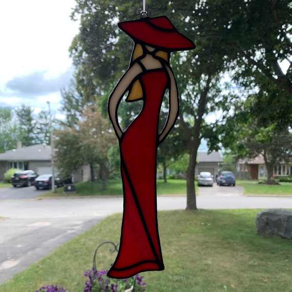 Lady in Red Dress and Hat Stained Glass Suncatcher
