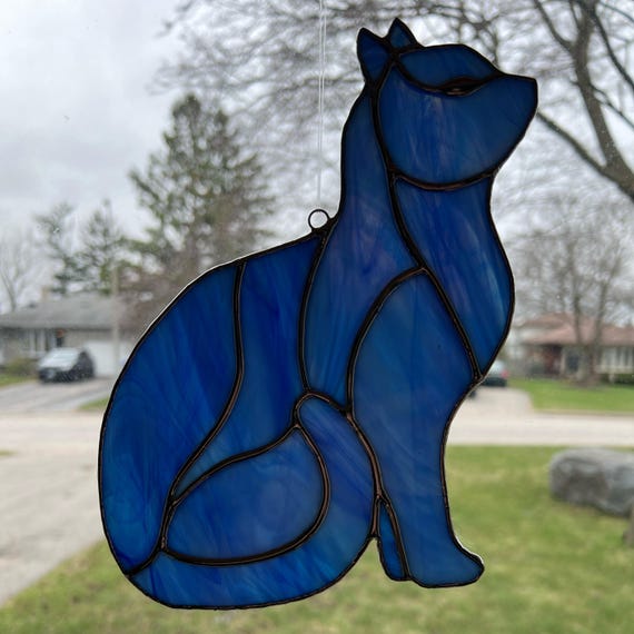 Stained Glass Cat in Blue White Streak