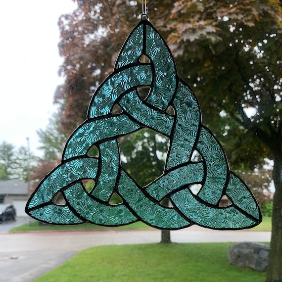 Celtic Triangle Knot Stained Glass Suncatcher in Bright Textured Turquoise Blue