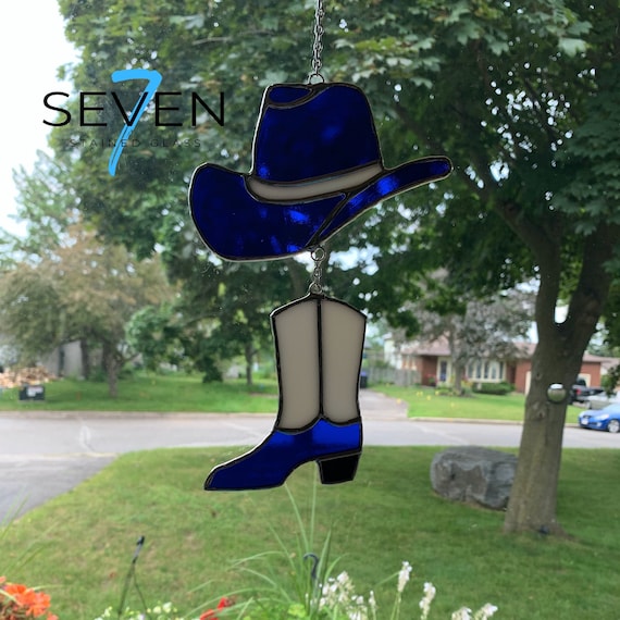 Stained Glass Cowboy Hat and Boot, Country Glass Ornament in Blue and White