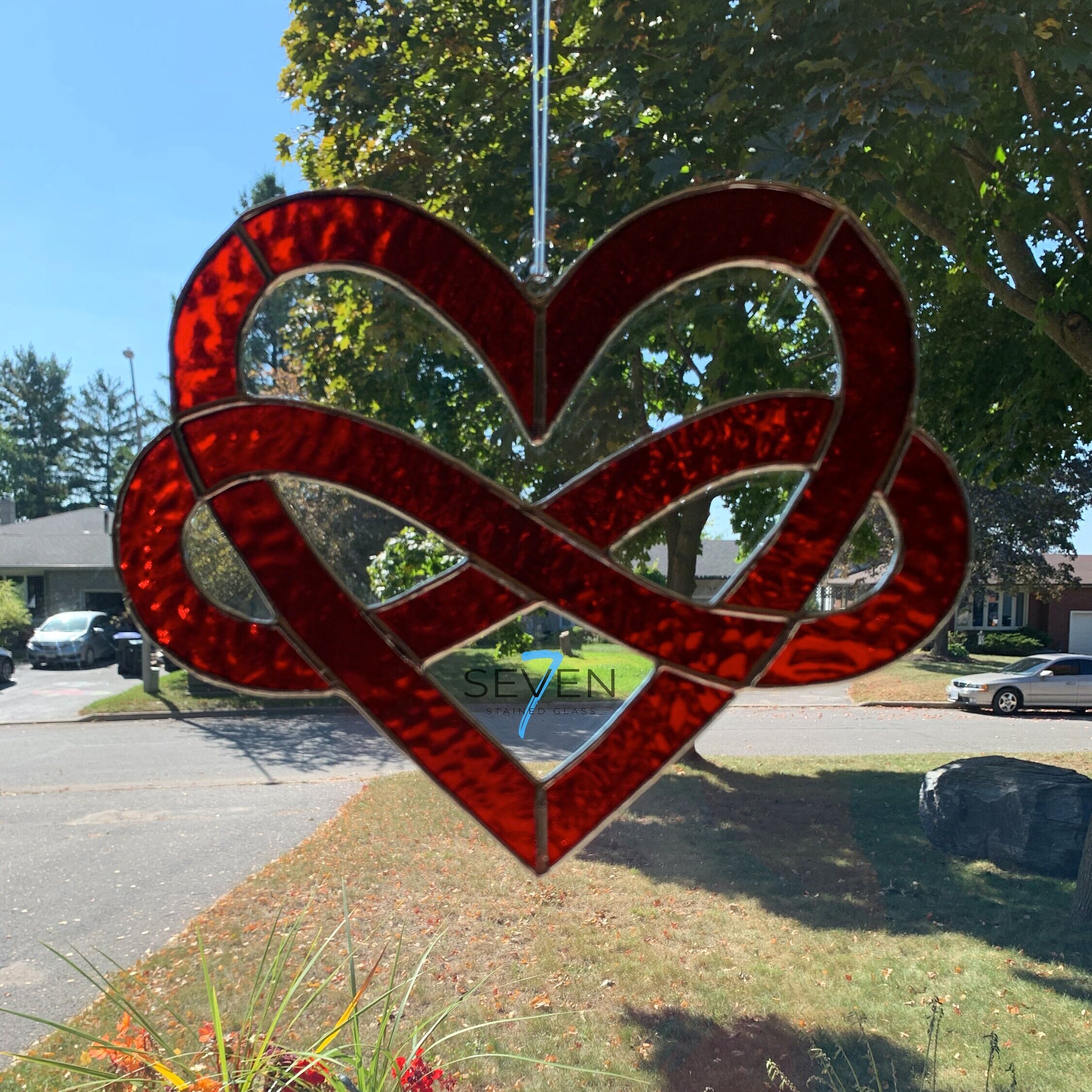 Stained Glass Celtic Infinity Heart in Textured Brilliant Red 