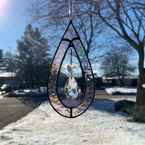 Teardrop Stained Glass Suncatcher in Iridescent Clear with Faceted Glass Dangle