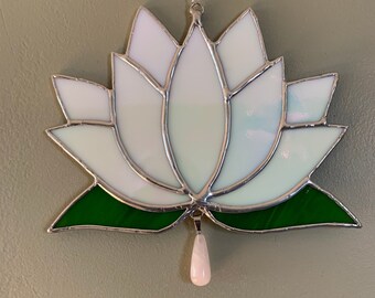 White Lotus Blossom Stained Glass Suncatcher with Stone or Crystal Dangle