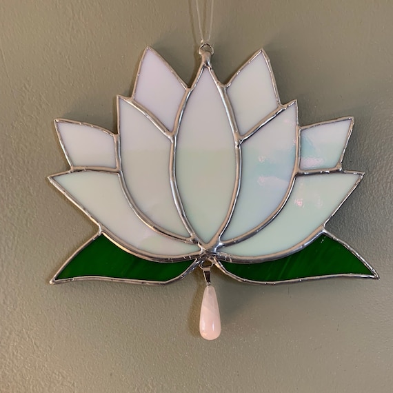 White Lotus Blossom Stained Glass Suncatcher with Stone or Crystal Dangle