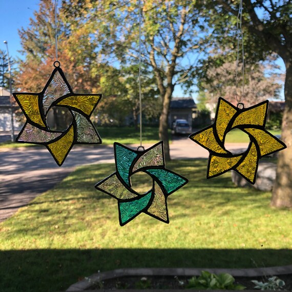 Stained Glass Miniature Star Ornaments in Brilliant Textured Gold, Clear and Turquoise, Set of Three, 3.5" x 3.5"