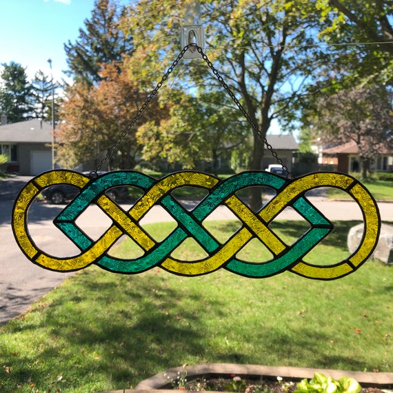 Stained Glass Celtic Sailor's Knot in Textured Brilliant Yellow and Turquoise, Horizontal, 13" x 4"