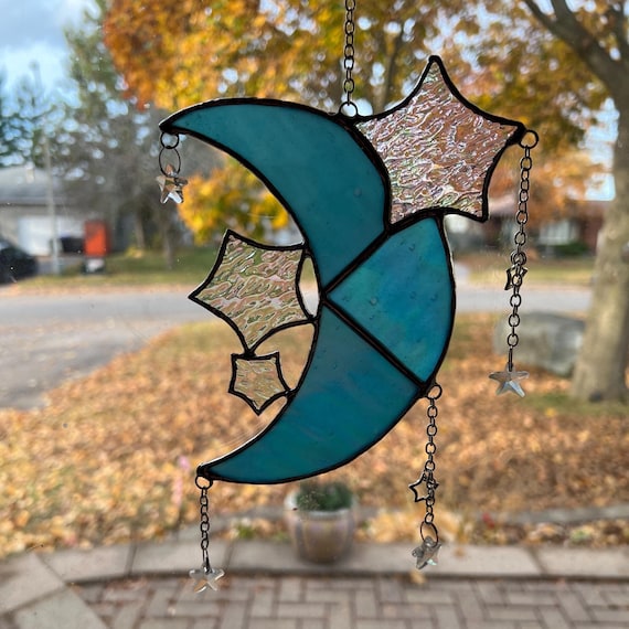 Stained Glass Suncatcher, Blue Moon and Stars