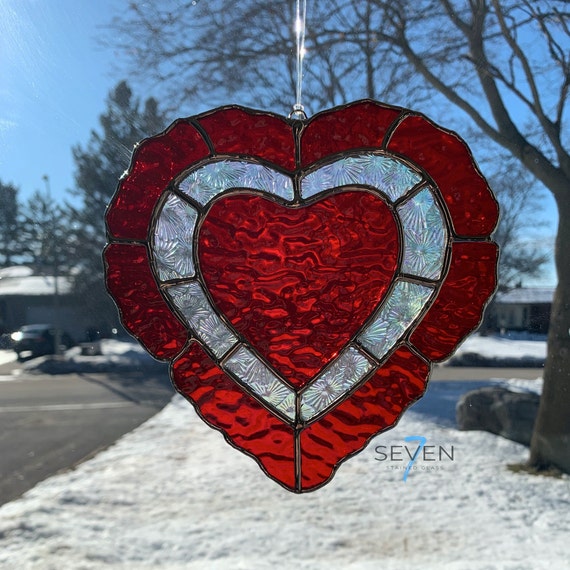 Heart Stained Glass Suncatcher.  Lacy Look in Textured Red Glass and Iridescent Clear Glass