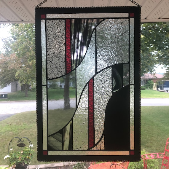 Stained Glass Abstract Panel in Black and Red with Brass Ladder Chain Frame