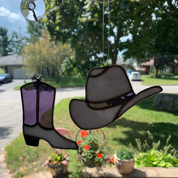 Cowboy Hat and Boot Stained Glass Suncatcher, Country Glass Ornament in Purple and Mauve, Set of Two