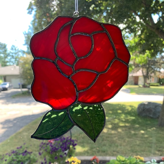 Stained Glass Rose in Streaky Red with Orange, Lightly Textured Green with Wire Overlay