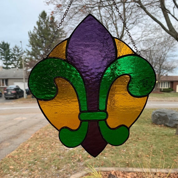 Fleur-de-Lis Stained Glass Suncatcher in Brilliant Gold, Green and Purple with Silver Chain Hanger,  10" x 9", Color may vary slightly