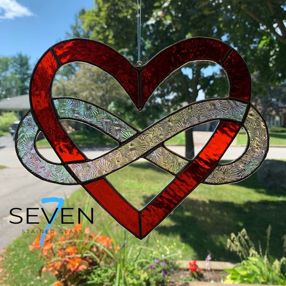 Infinity Heart Stained Glass Suncatcher in Textured Bright Red and Iridescent Clear Florentine