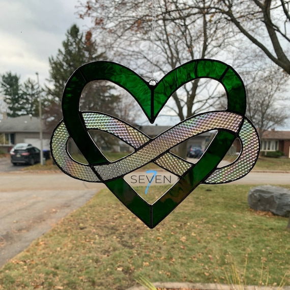 Stained Glass Celtic Infinity Heart in Bright Green with Iridescent Purple on One Side