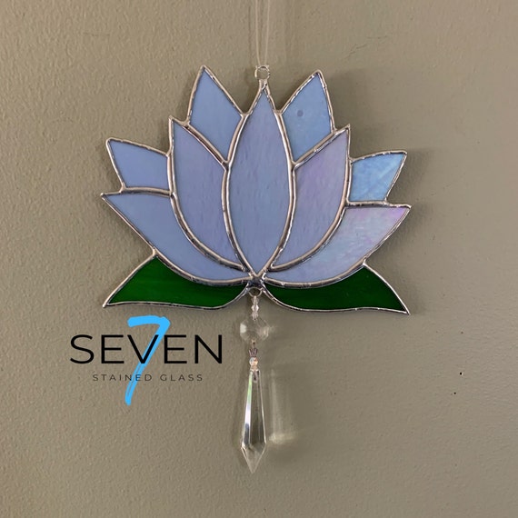 Lotus Blossom Stained Glass Suncatcher in Opal Iridescent Blue with Chandelier Dangle (15.3 cm x 19 cm)