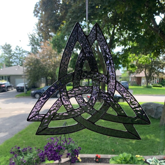 Celtic Knot Stained Glass Suncatcher.  Double Triquetra Knot in Textured Bright Purple Stained Glass