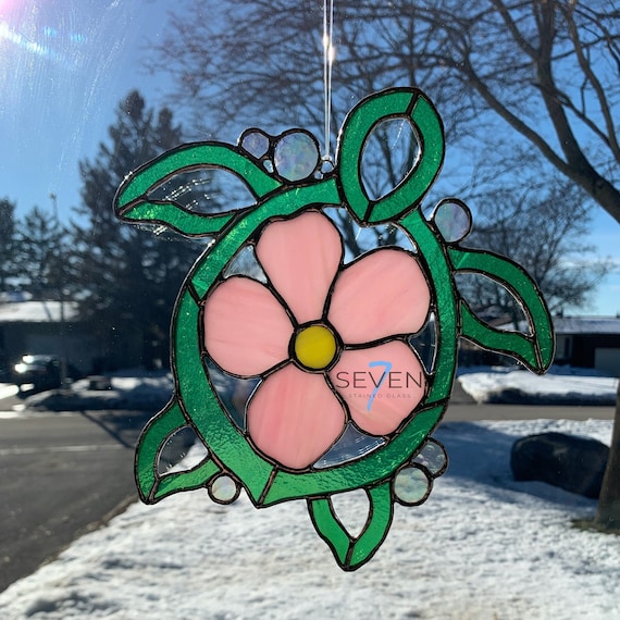 Sea Turtle Stained Glass Suncatcher in Lightly Textured Green and Streaky Pink with Iridescent Bubbles