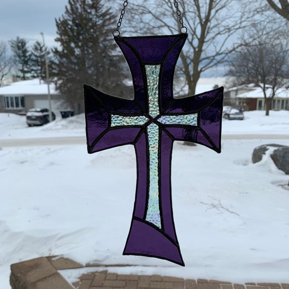 Stained Glass Purple Cross with Textured Iridescent Clear