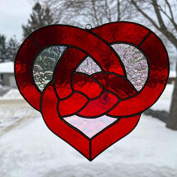 2 Hearts Stained Glass Suncatcher in Brilliant Red and Iridescent Clear