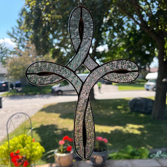 Christian Cross Celtic Knot Style, Stained Glass Suncatcher in Iridescent Clear with Silver Solder, 7.5" x 10"