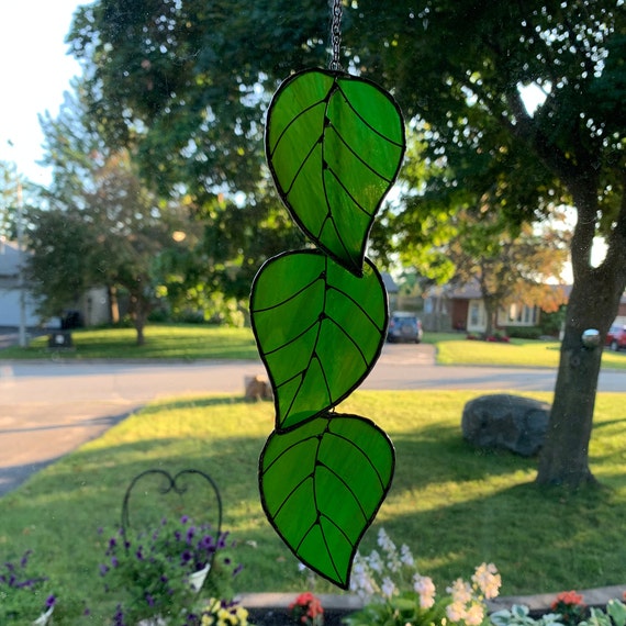 Spring Leaves Stained Glass Suncatcher in Light Green with Silver Solder, Wirework, and Chain (Glass Shades may Vary)