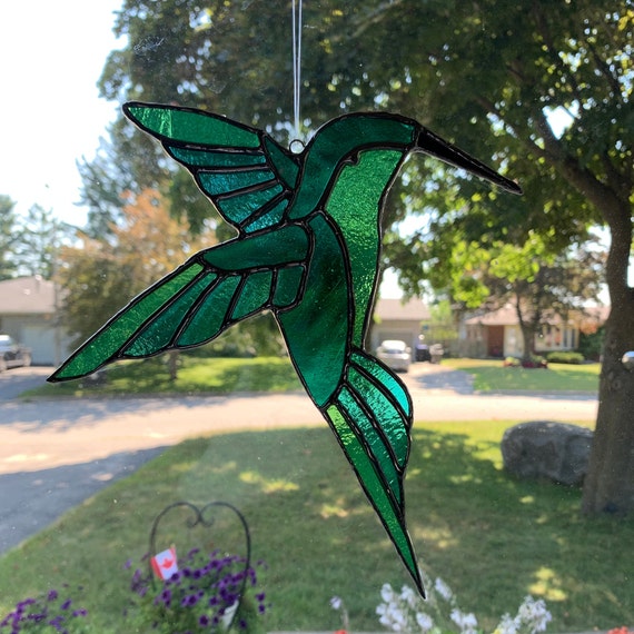 Hummingbird Stained Glass Suncatcher In Iridescent and Lightly Textured Greens and Turquoise