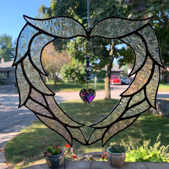 Angel Wing Heart Suncatcher, in Textured, Iridescent Clear Stained Glass with Prism Drop